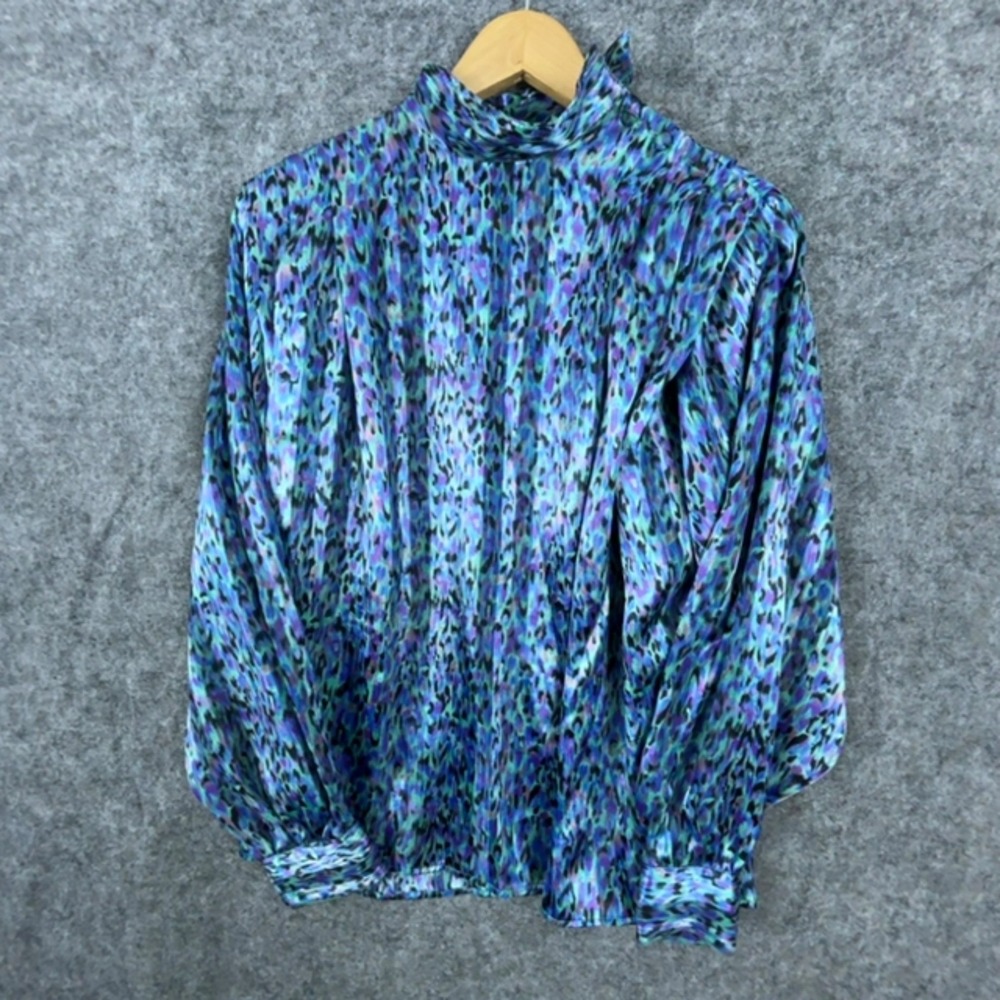 Vintage Tess Paris Milano Blouse Top Womens 10 Blue Office Siren Abstract Satin